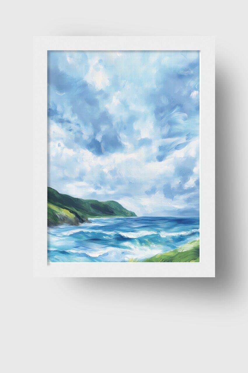 Poster mit einer gemalten Küstenlandschaft, Wellen brechen am grünen Ufer unter blauem Himmel mit Wolken, maritimer Kunstdruck