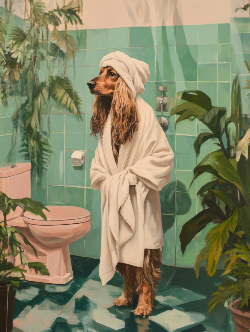 Poster mit realistischer Darstellung eines Hundes im Bademantel in einem Badezimmer mit grünen Fliesen, entspannte Atmosphäre, dekorativer Kunstdruck
