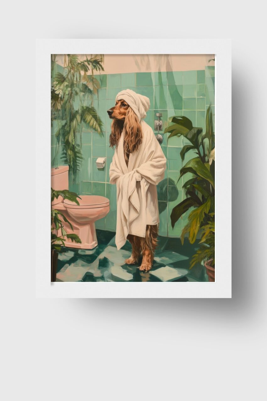 Poster mit realistischer Darstellung eines Hundes im Bademantel in einem Badezimmer mit grünen Fliesen, entspannte Atmosphäre, dekorativer Kunstdruck