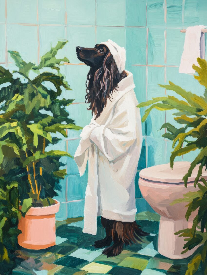 Poster mit einem Hund im Bademantel in einem Badezimmer mit blauen Fliesen, farbenfroher Tierportrait-Kunstdruck