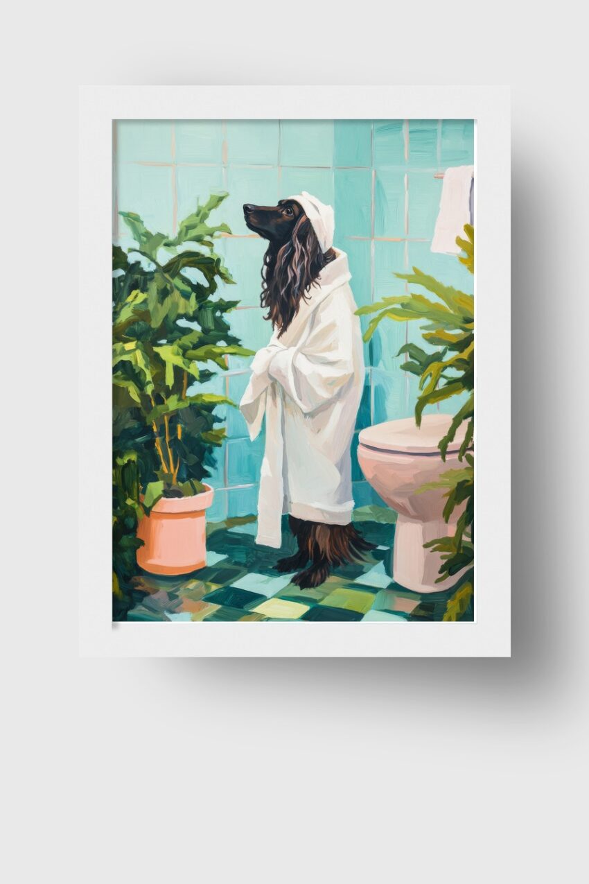 Poster mit einem Hund im Bademantel in einem Badezimmer mit blauen Fliesen, farbenfroher Tierportrait-Kunstdruck