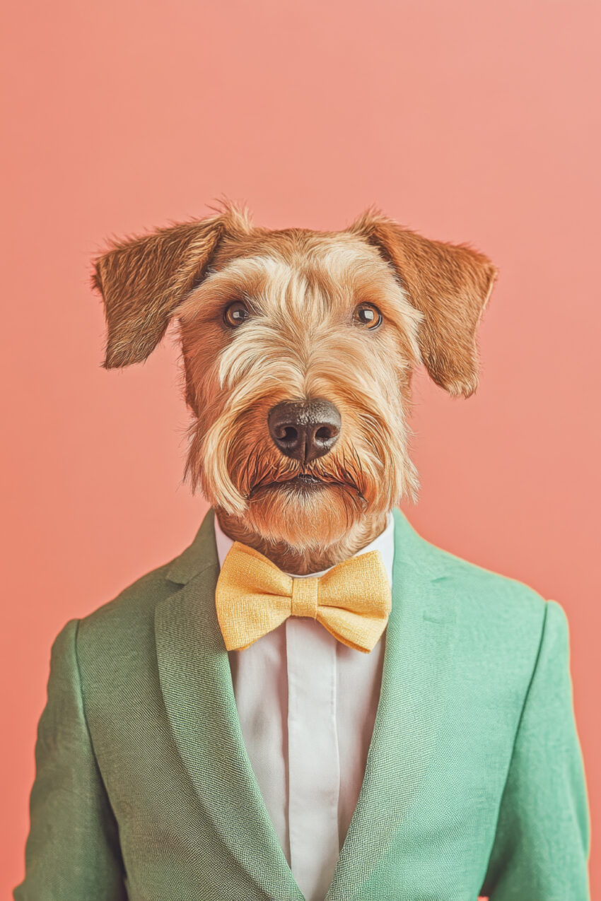 Poster mit Hunde-Porträt im grünen Anzug und gelber Fliege vor rosafarbenem Hintergrund, dekorativer Kunstdruck