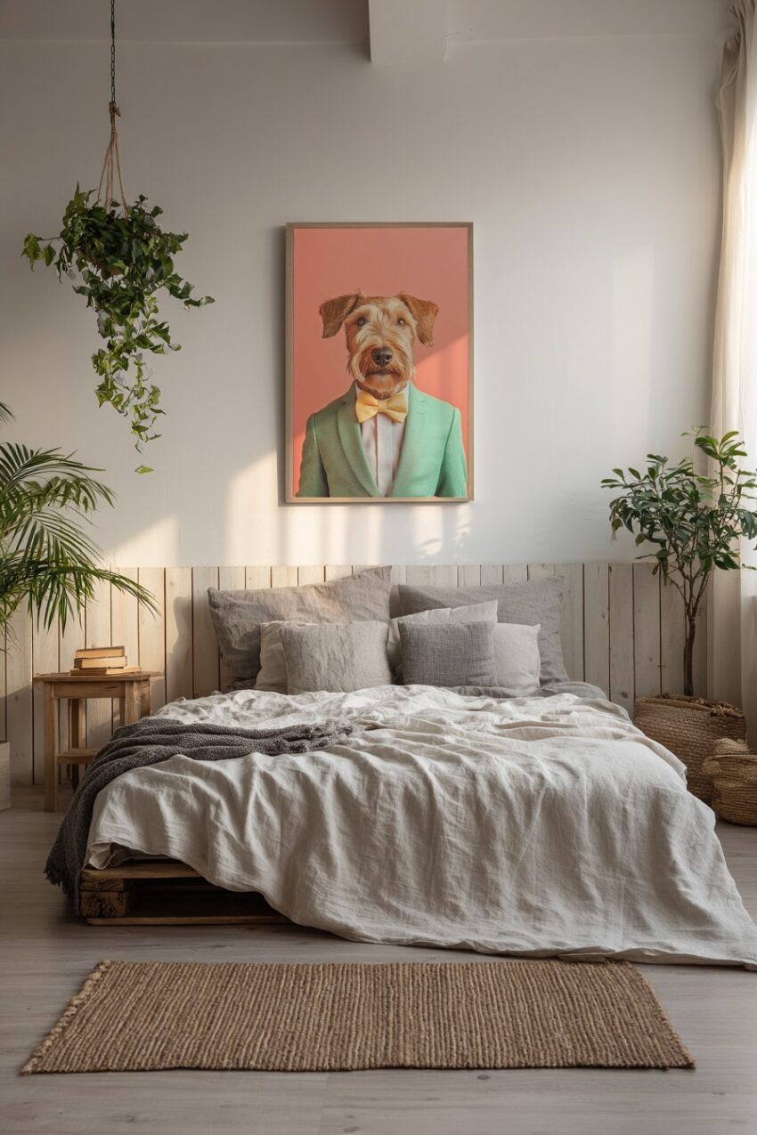 Poster mit Hunde-Porträt im grünen Anzug und gelber Fliege vor rosafarbenem Hintergrund, dekorativer Kunstdruck