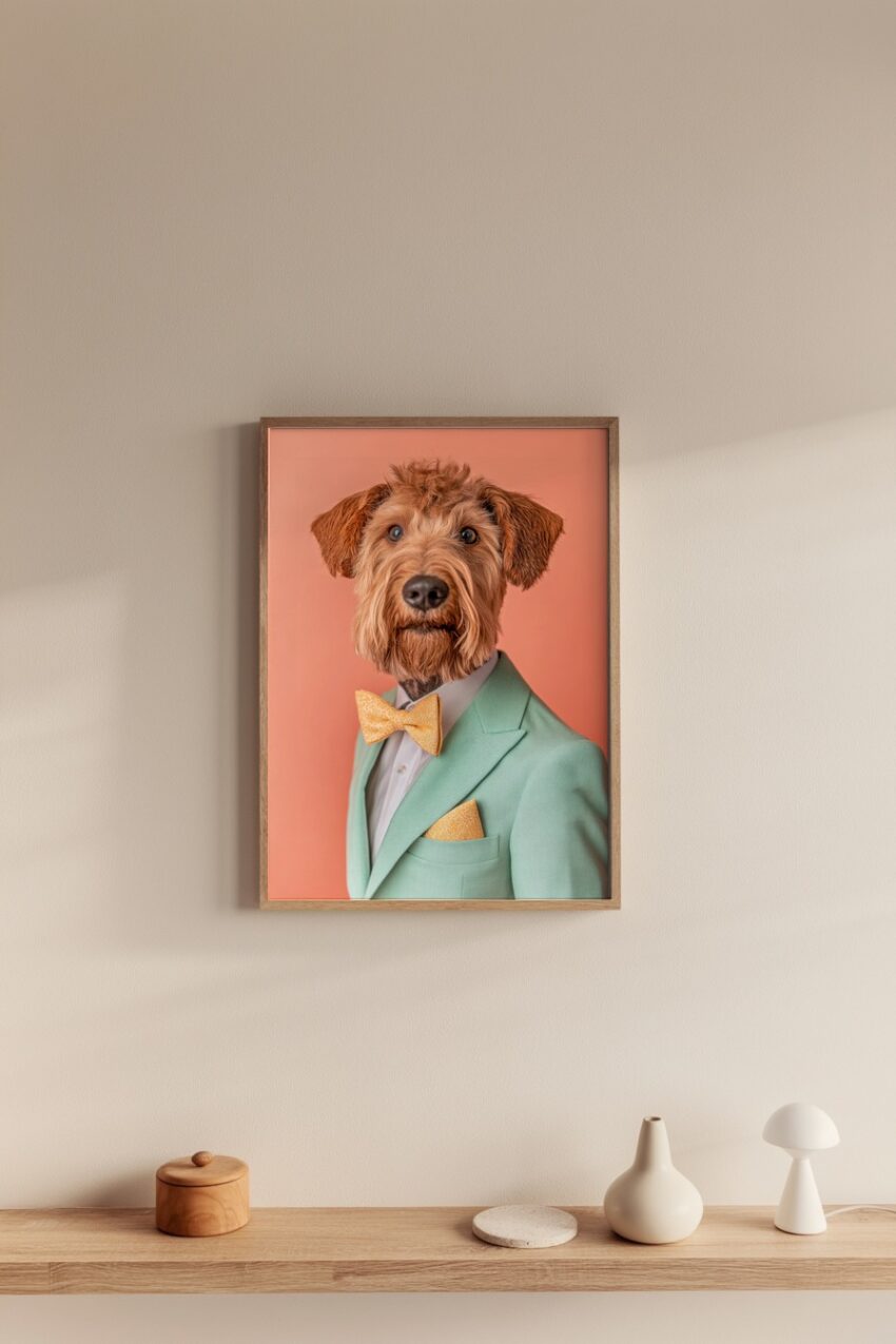 Poster mit Hundeporträt in mintgrünem Anzug und gelber Fliege vor korallfarbenem Hintergrund, moderner dekorativer Kunstdruck