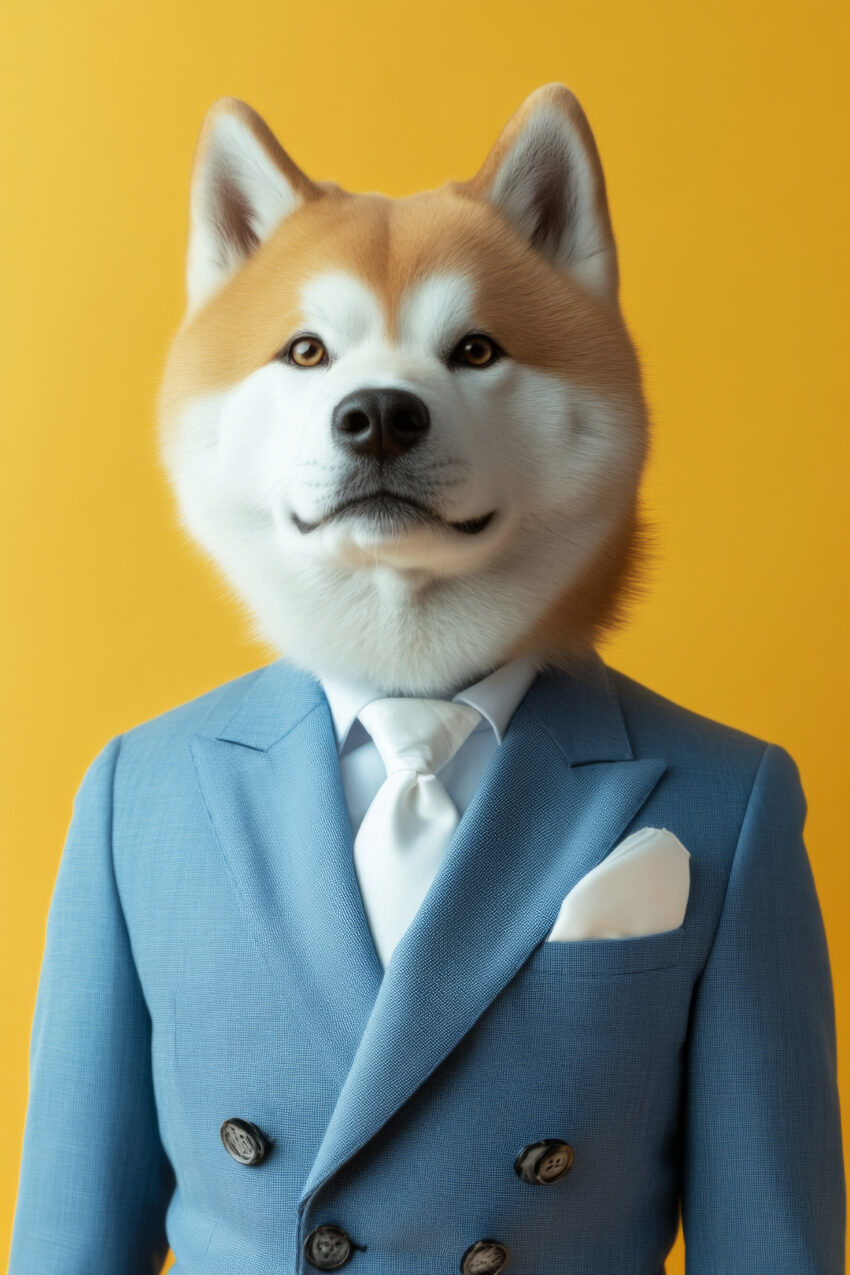 Poster mit Porträt eines Shiba Inu Hundes im blauen Anzug vor gelbem Hintergrund, moderner lustiger Kunstdruck