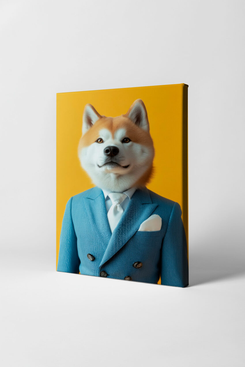 Poster mit Porträt eines Shiba Inu Hundes im blauen Anzug vor gelbem Hintergrund, moderner lustiger Kunstdruck