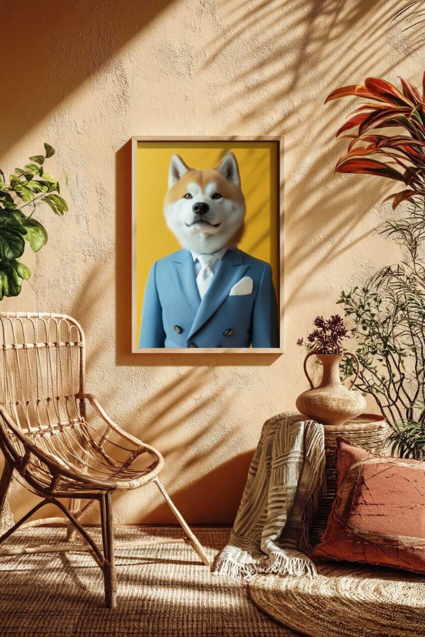 Poster mit Porträt eines Shiba Inu Hundes im blauen Anzug vor gelbem Hintergrund, moderner lustiger Kunstdruck