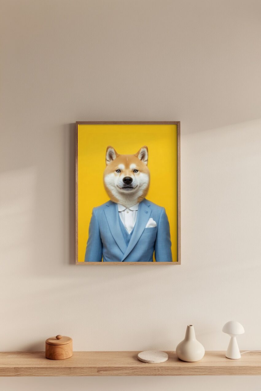 Poster mit Hund im blauen Anzug vor gelbem Hintergrund, moderner humorvoller Kunstdruck