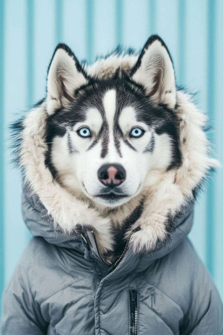 Poster mit einem Huskyhund im Parka, zentriert und vor blauem Hintergrund, klarer Fokus auf das Gesicht, naturgetreuer Tierporträt Kunstdruck