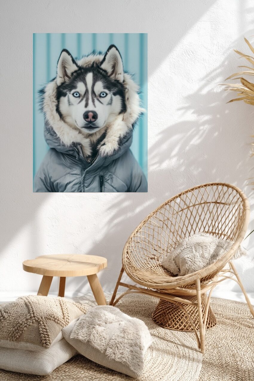 Poster mit einem Huskyhund im Parka, zentriert und vor blauem Hintergrund, klarer Fokus auf das Gesicht, naturgetreuer Tierporträt Kunstdruck