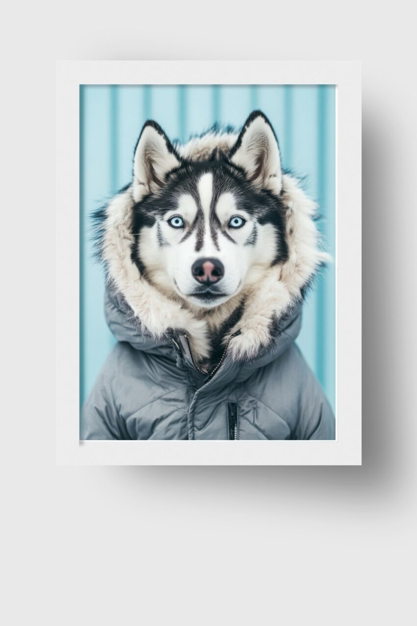 Poster mit einem Huskyhund im Parka, zentriert und vor blauem Hintergrund, klarer Fokus auf das Gesicht, naturgetreuer Tierporträt Kunstdruck