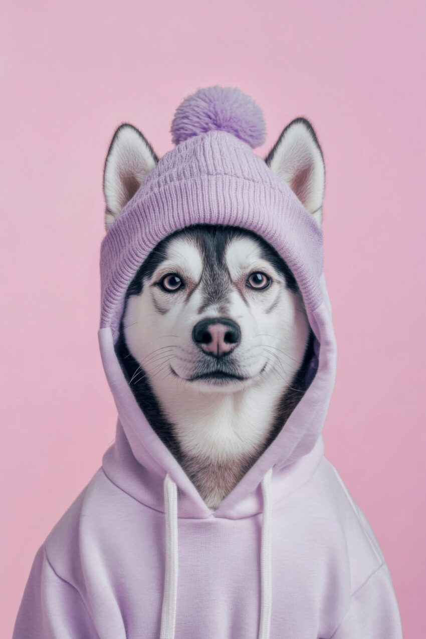 Poster mit Husky Hund im lila Kapuzenpullover vor rosa Hintergrund, moderner Tierportrait Kunstdruck