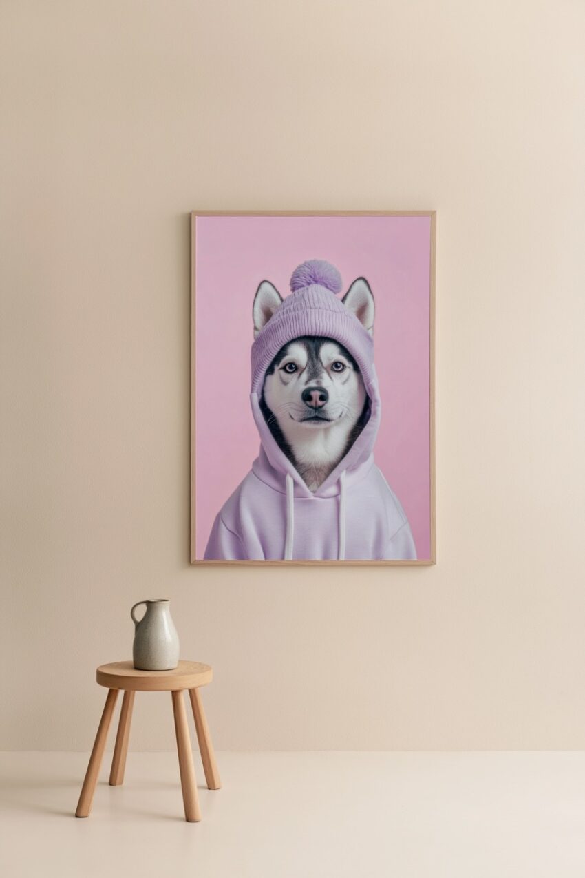 Poster mit Husky Hund im lila Kapuzenpullover vor rosa Hintergrund, moderner Tierportrait Kunstdruck