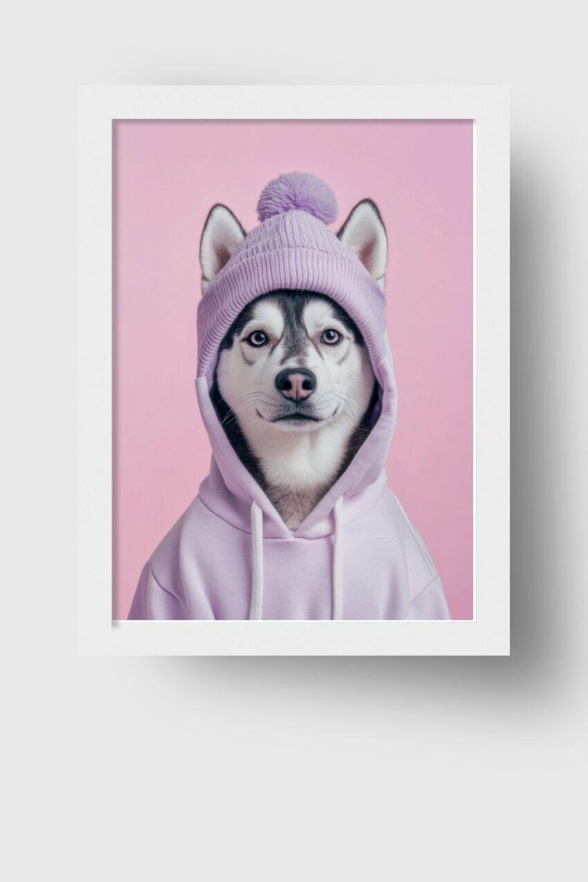 Poster mit Husky Hund im lila Kapuzenpullover vor rosa Hintergrund, moderner Tierportrait Kunstdruck