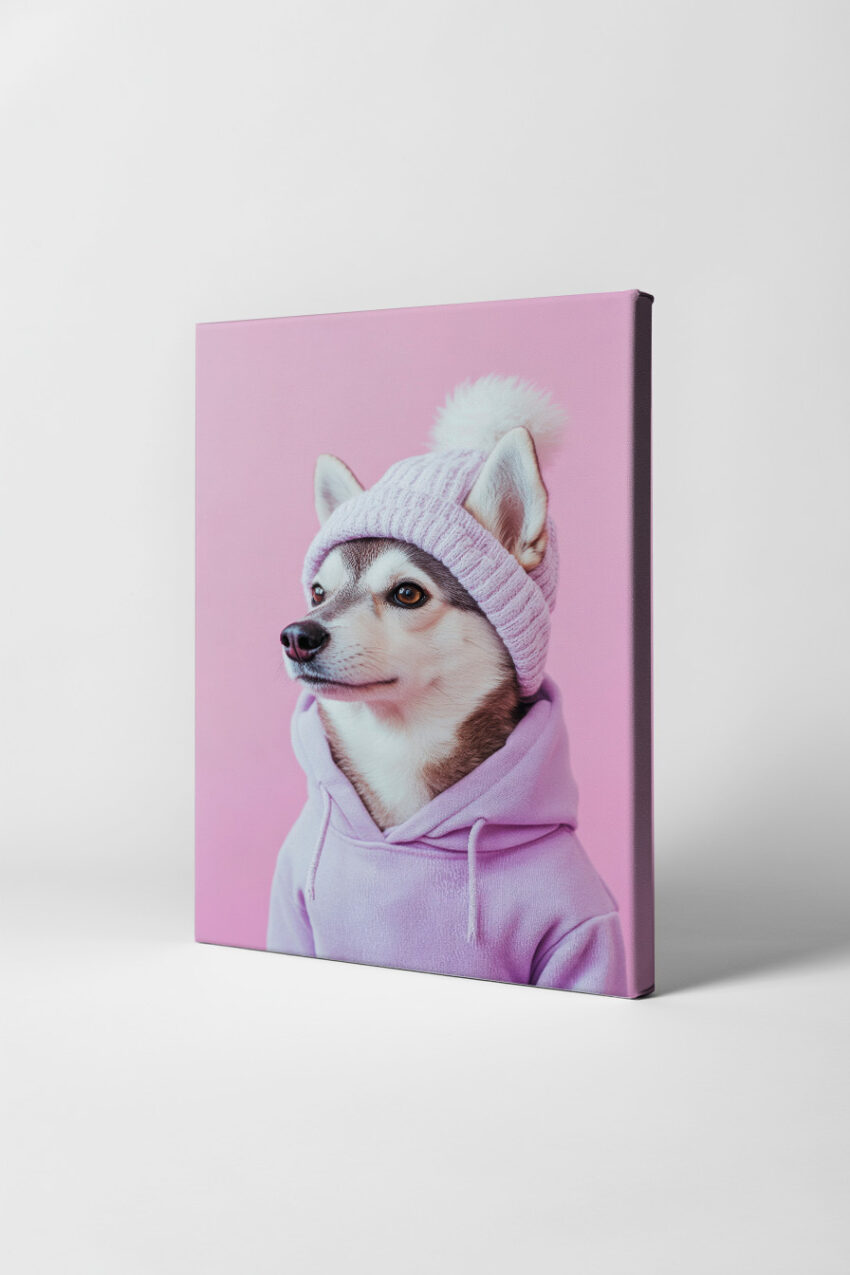 Poster mit Husky Hund in lila Bommelmütze und Hoodie vor rosa Hintergrund, modernes Tierporträt mit natürlicher Ausstrahlung