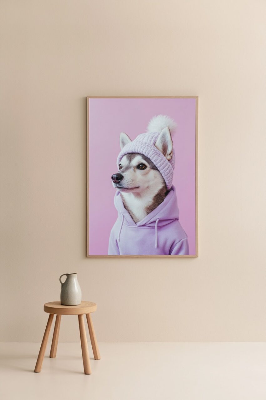 Poster mit Husky Hund in lila Bommelmütze und Hoodie vor rosa Hintergrund, modernes Tierporträt mit natürlicher Ausstrahlung