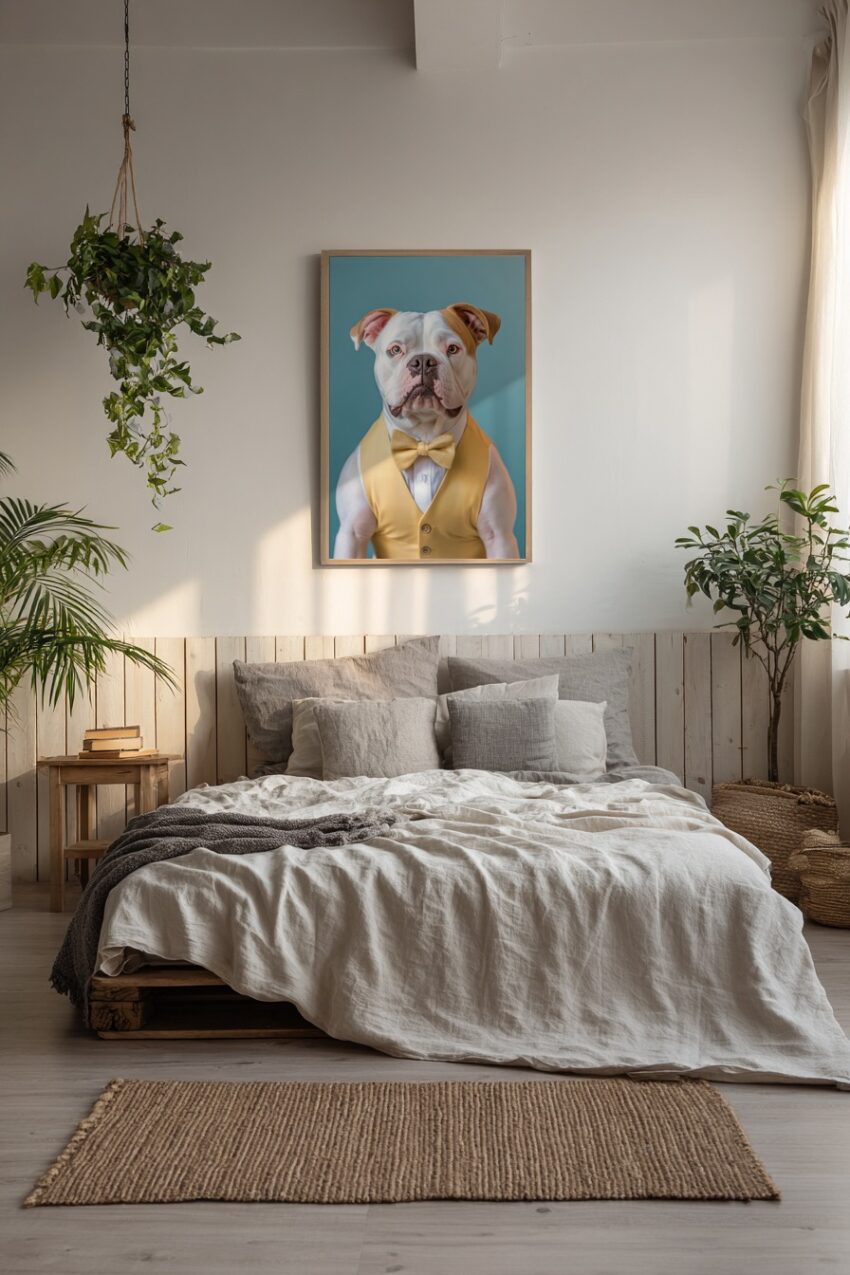 Poster mit Hund in gelber Weste und Fliege, ruhiges Tierporträt vor blauem Hintergrund