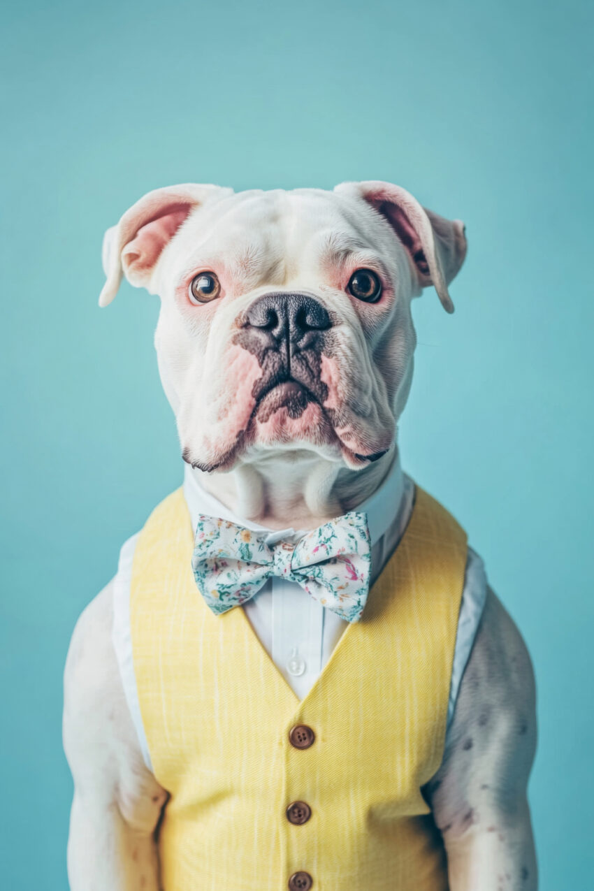 Poster mit Bulldogge in gelber Weste und floraler Fliege vor blauem Hintergrund, Tierporträt mit klarem Ausdruck