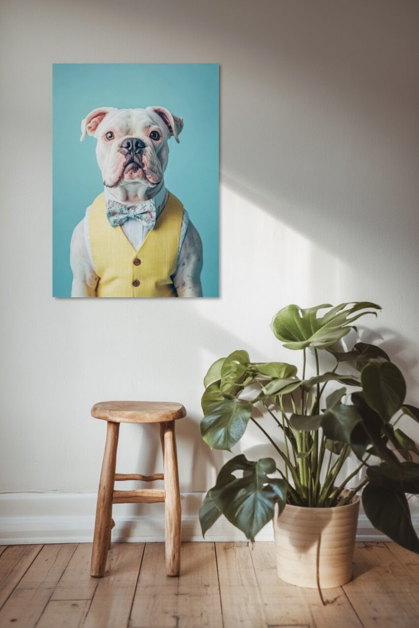 Poster mit Bulldogge in gelber Weste und floraler Fliege vor blauem Hintergrund, Tierporträt mit klarem Ausdruck