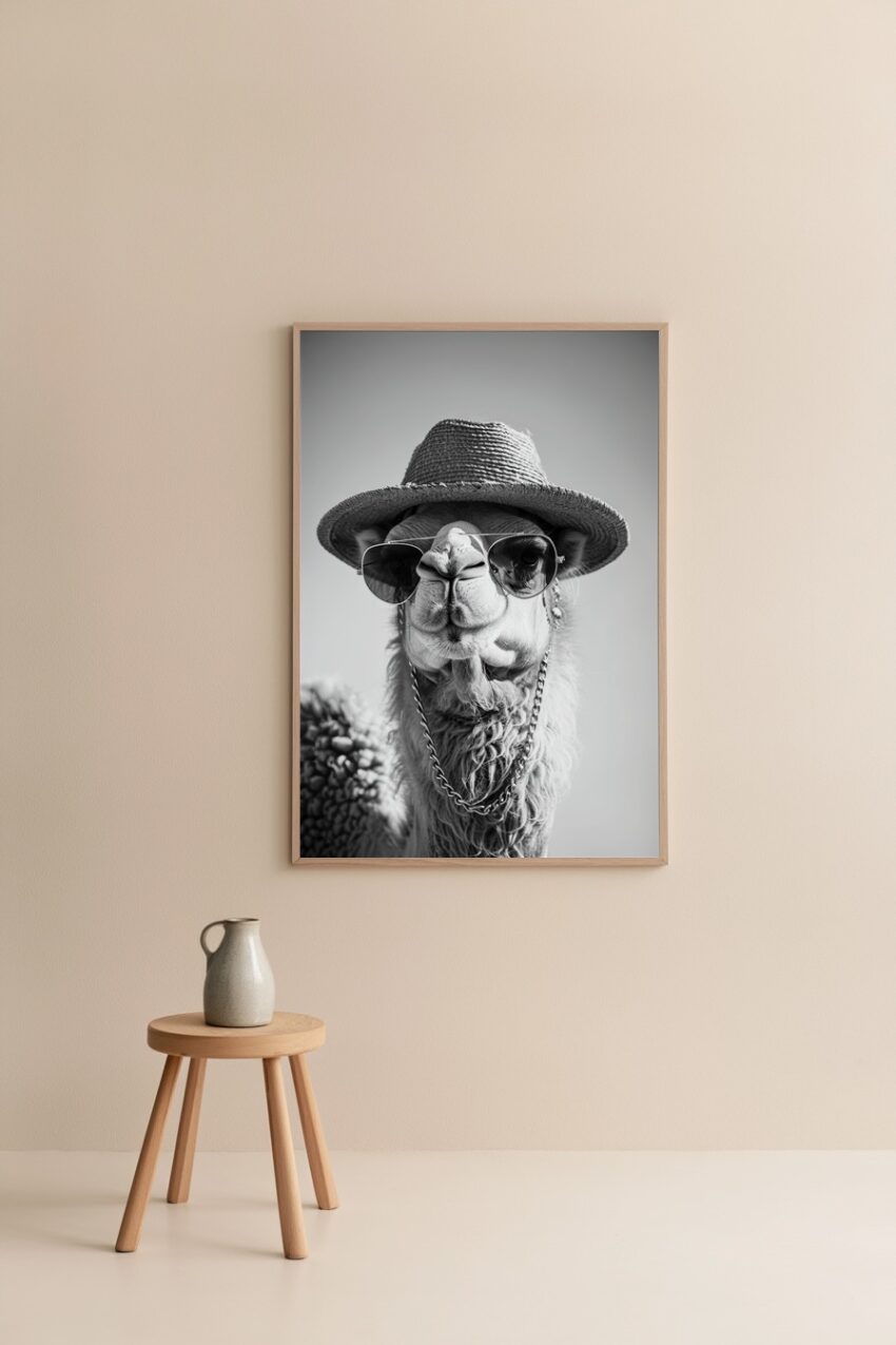 Schwarz-weiß Poster mit Kamel im Nahporträt, das einen Strohhut und große Sonnenbrille trägt, humorvoller Tierkunstdruck