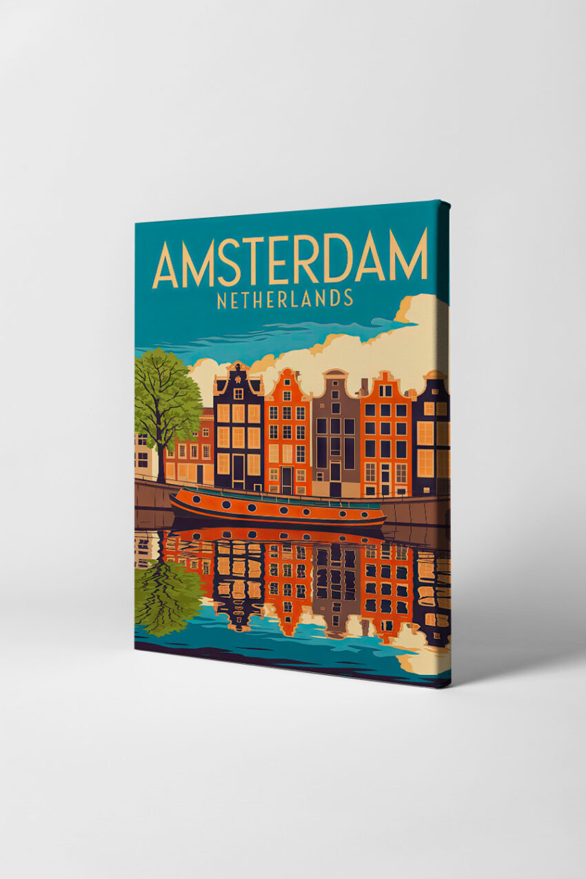 Poster mit stilisierter Ansicht der Amsterdamer Häuserfassaden am Kanal mit Hausboot, in warmen Erdtönen und Blau