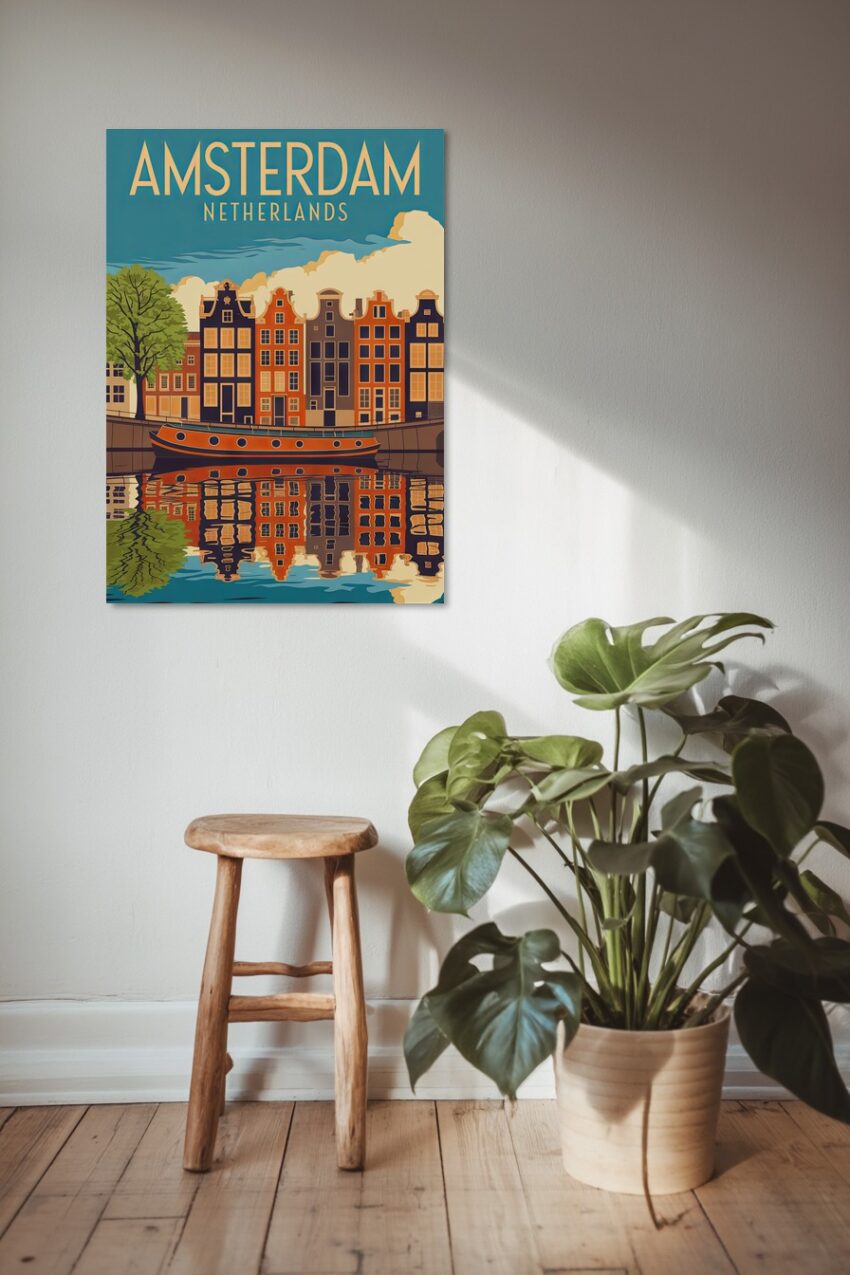 Poster mit stilisierter Ansicht der Amsterdamer Häuserfassaden am Kanal mit Hausboot, in warmen Erdtönen und Blau