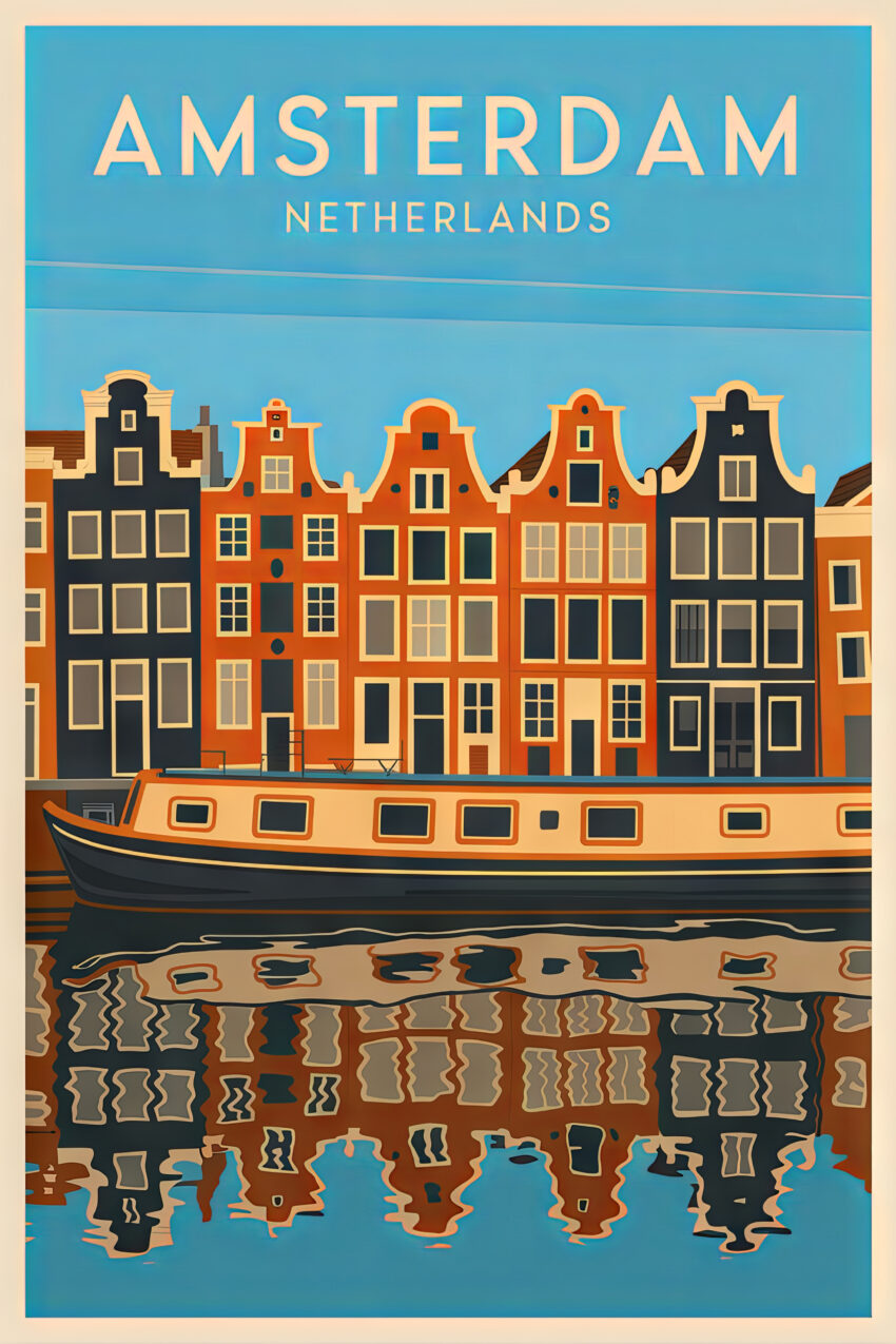 Vintage Poster mit Amsterdamer Häuserfront am Kanal, Retro Stil mit bunten Fassaden und Reflexionen im Wasser