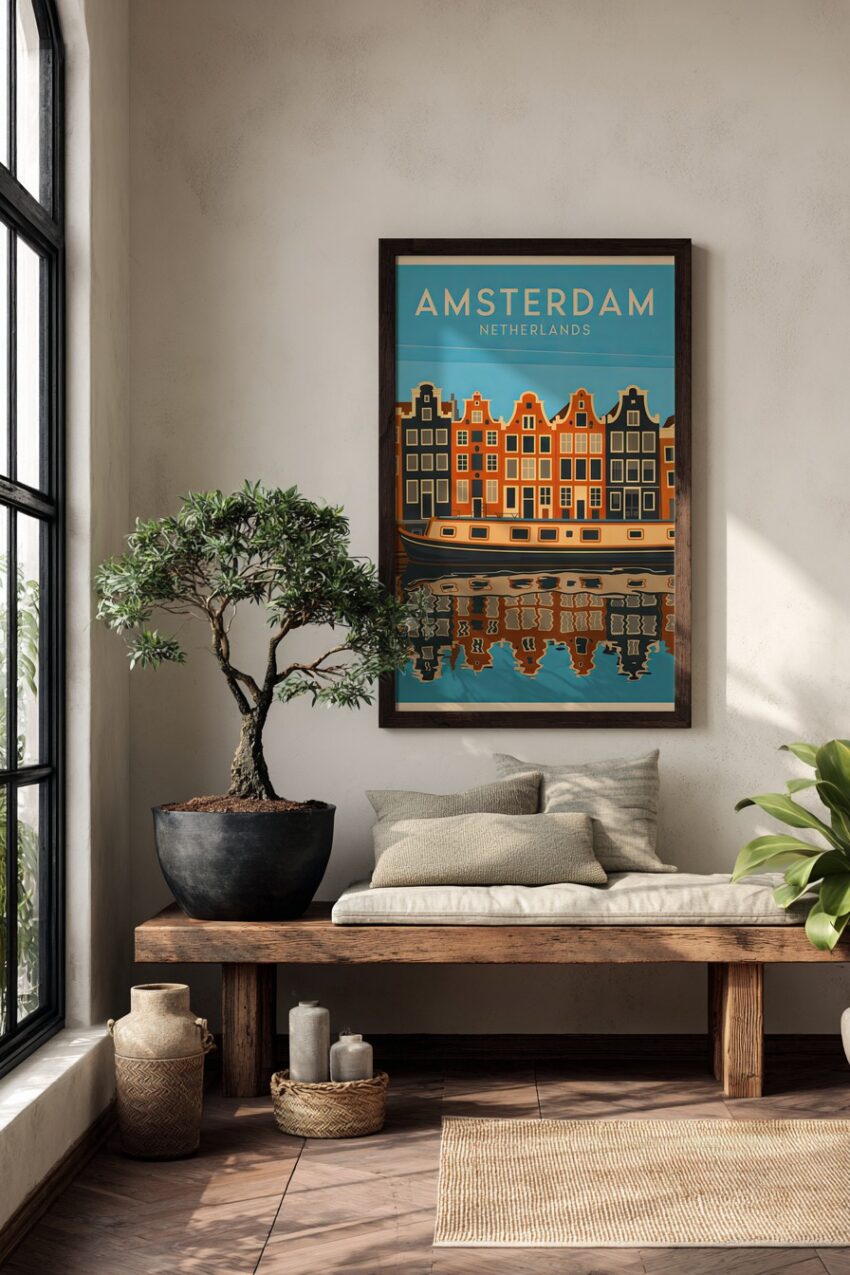 Vintage Poster mit Amsterdamer Häuserfront am Kanal, Retro Stil mit bunten Fassaden und Reflexionen im Wasser