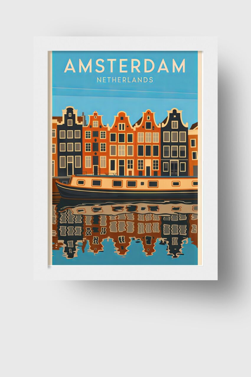 Vintage Poster mit Amsterdamer Häuserfront am Kanal, Retro Stil mit bunten Fassaden und Reflexionen im Wasser