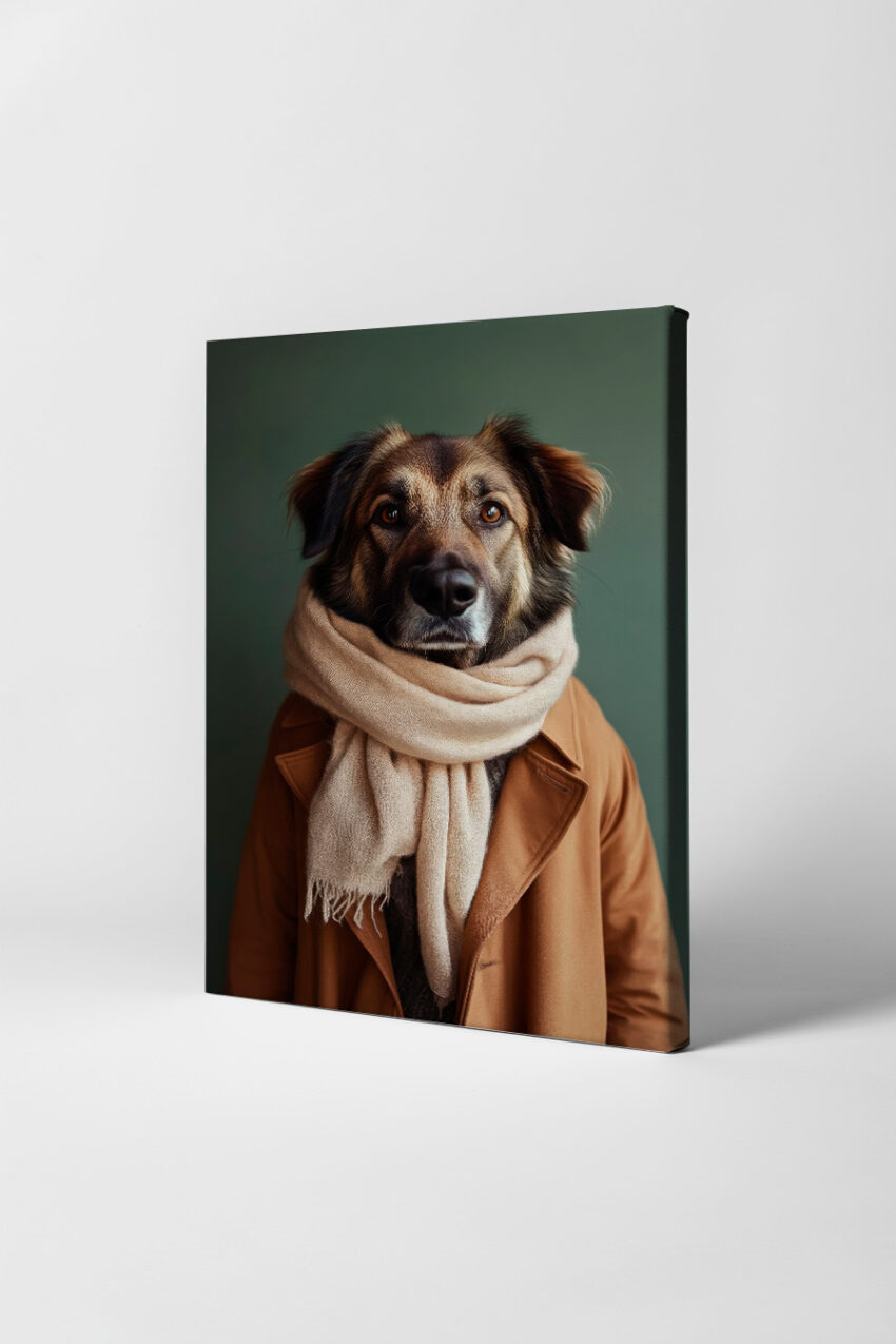 Porträt eines Hundes mit beigen Schal und braunem Wintermantel, ruhiges Tierportrait als Poster auf halbmattem Papier in warmen Tönen