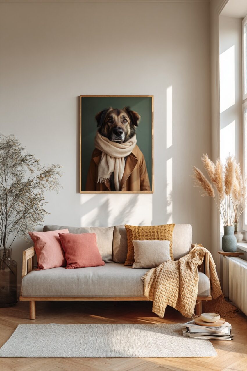 Porträt eines Hundes mit beigen Schal und braunem Wintermantel, ruhiges Tierportrait als Poster auf halbmattem Papier in warmen Tönen