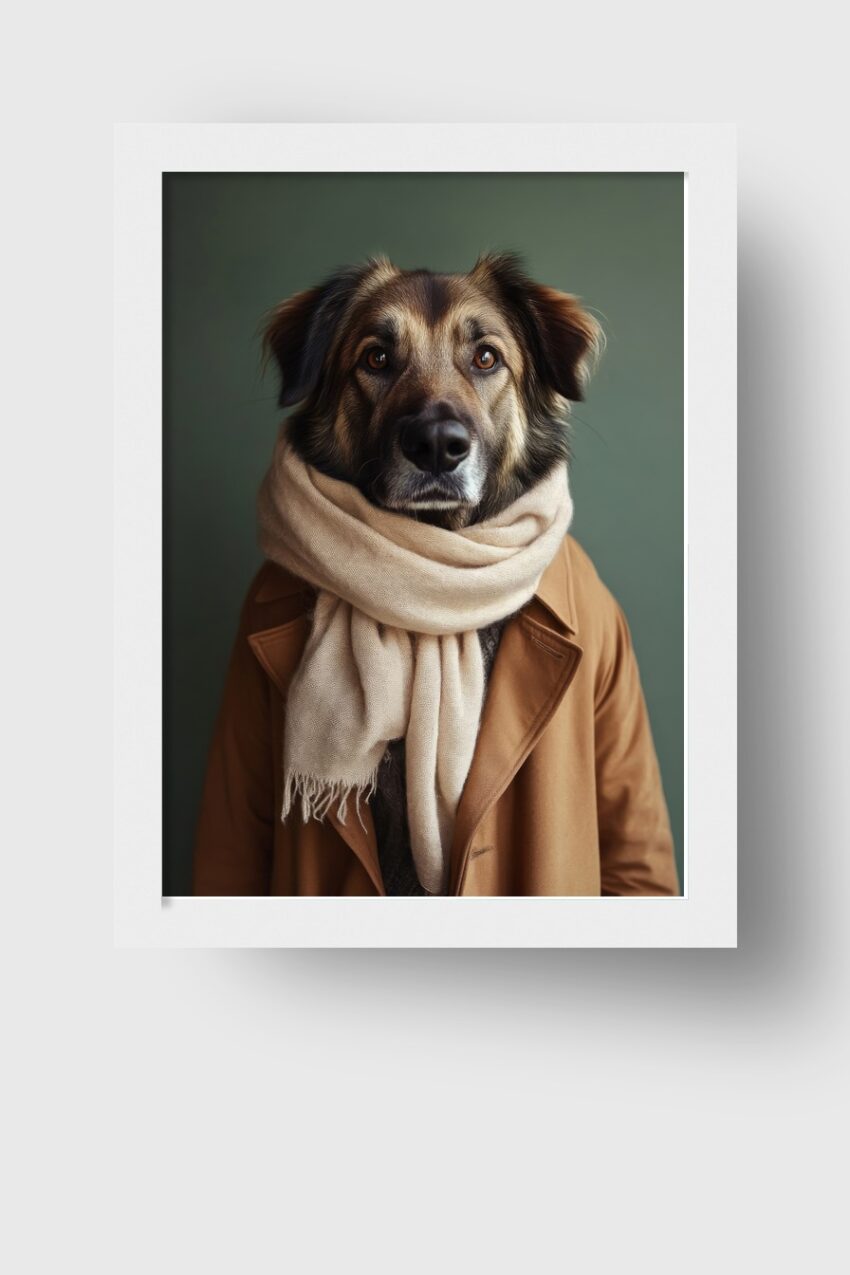 Porträt eines Hundes mit beigen Schal und braunem Wintermantel, ruhiges Tierportrait als Poster auf halbmattem Papier in warmen Tönen