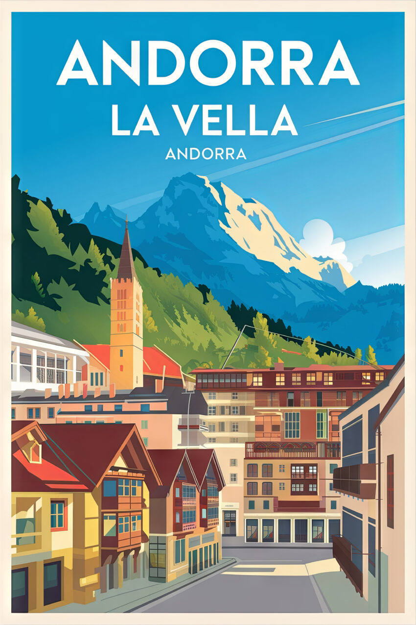 Reiseposter mit Andorra La Vella und Bergpanorama, grafischer Kunstdruck mit klaren Formen und leuchtenden Farben