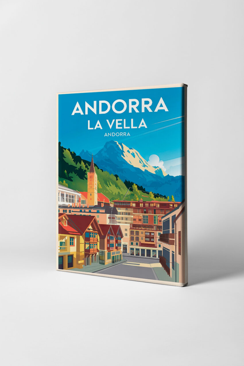 Reiseposter mit Andorra La Vella und Bergpanorama, grafischer Kunstdruck mit klaren Formen und leuchtenden Farben