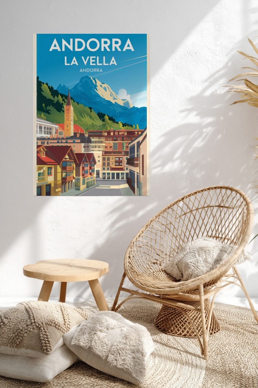 Reiseposter mit Andorra La Vella und Bergpanorama, grafischer Kunstdruck mit klaren Formen und leuchtenden Farben