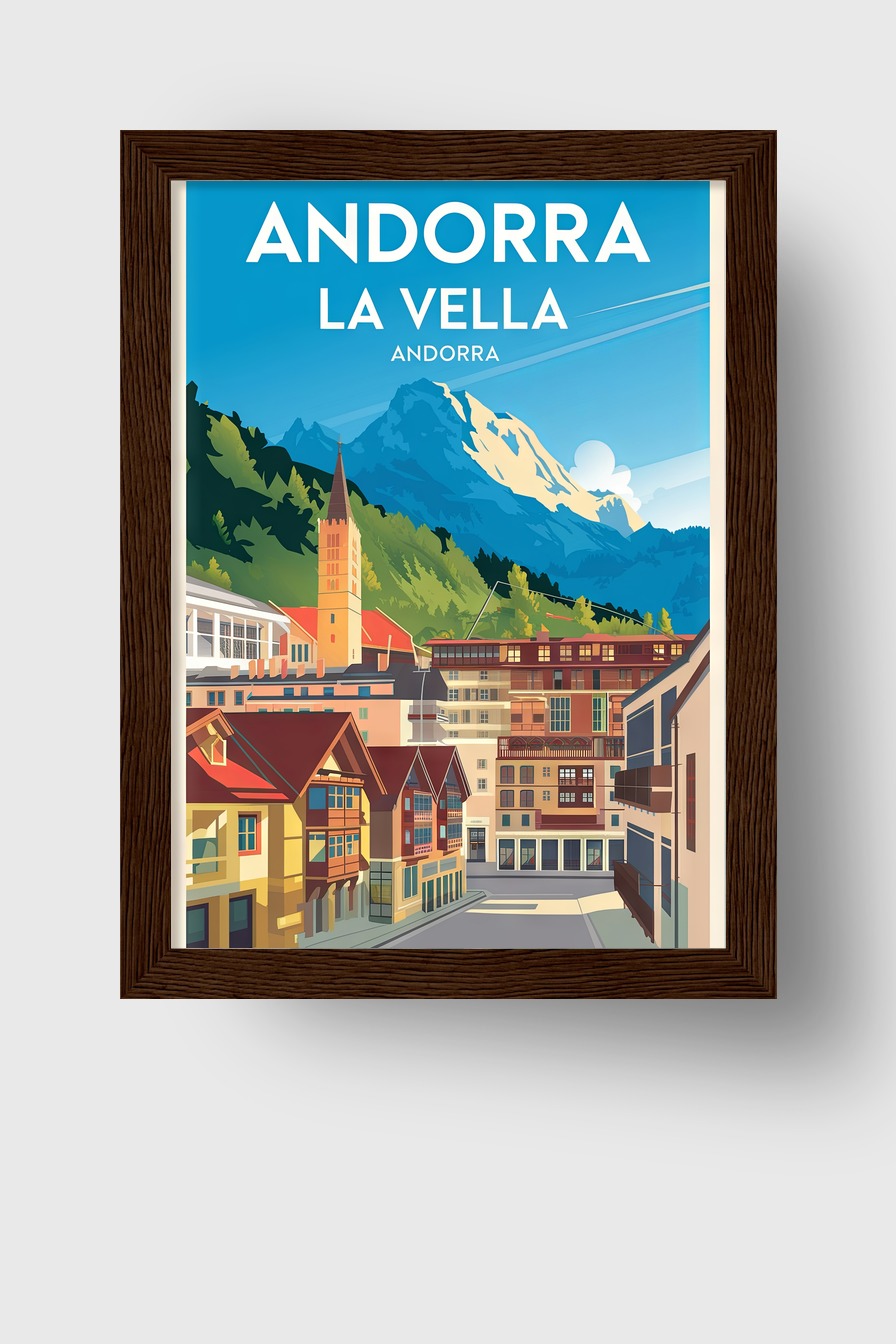 Reiseposter mit Andorra La Vella und Bergpanorama, grafischer Kunstdruck mit klaren Formen und leuchtenden Farben