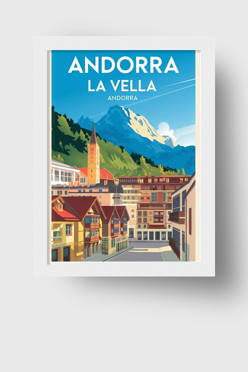 Reiseposter mit Andorra La Vella und Bergpanorama, grafischer Kunstdruck mit klaren Formen und leuchtenden Farben