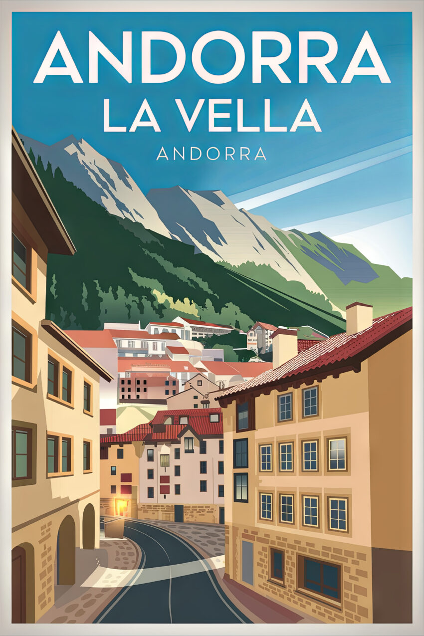 Poster mit Illustration der Stadt Andorra La Vella in den Bergen, Straßen und Häuser, sonniger Tag, klare Formen und Farben