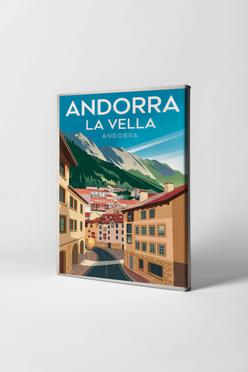 Poster mit Illustration der Stadt Andorra La Vella in den Bergen, Straßen und Häuser, sonniger Tag, klare Formen und Farben