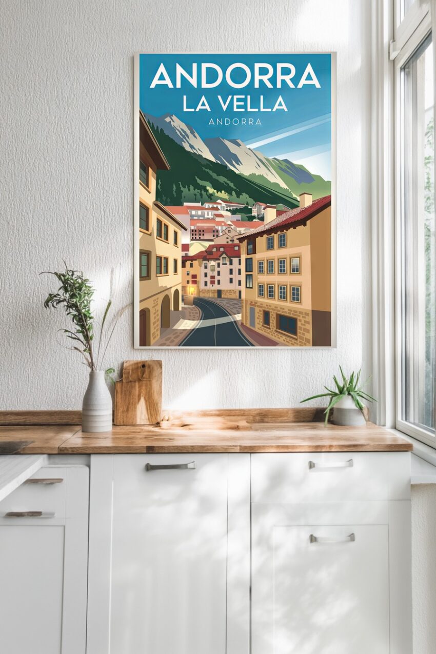 Poster mit Illustration der Stadt Andorra La Vella in den Bergen, Straßen und Häuser, sonniger Tag, klare Formen und Farben