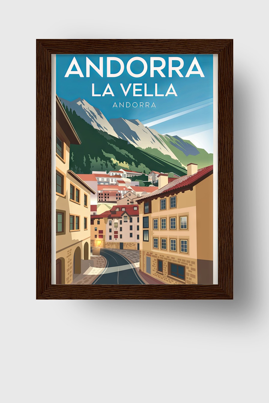 Poster mit Illustration der Stadt Andorra La Vella in den Bergen, Straßen und Häuser, sonniger Tag, klare Formen und Farben