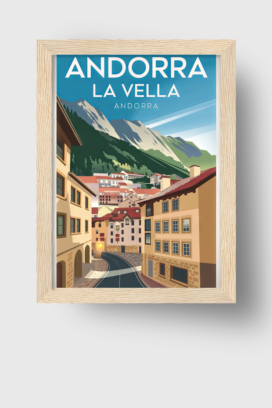 Poster mit Illustration der Stadt Andorra La Vella in den Bergen, Straßen und Häuser, sonniger Tag, klare Formen und Farben