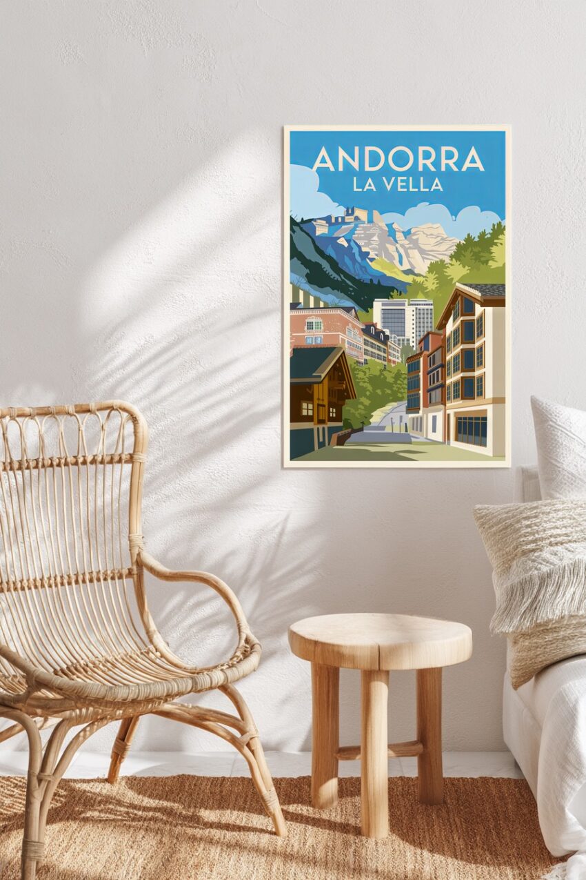 Leinwand Kunstdruck eines digitalen Posters von Andorra La Vella mit Bergen, Häusern und blauem Himmel in klaren Farben