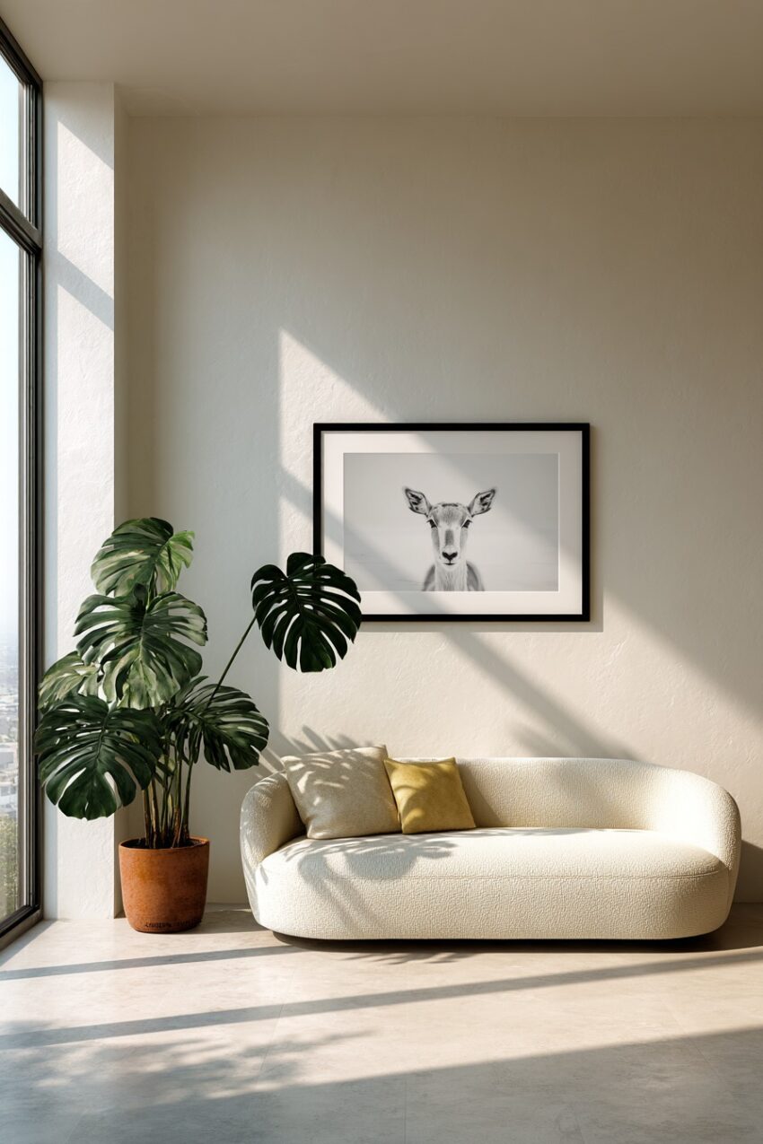 Schwarz-Weiß Poster mit ruhigem Porträt einer Antilope vor hellem Hintergrund, minimalistischer Kunstdruck