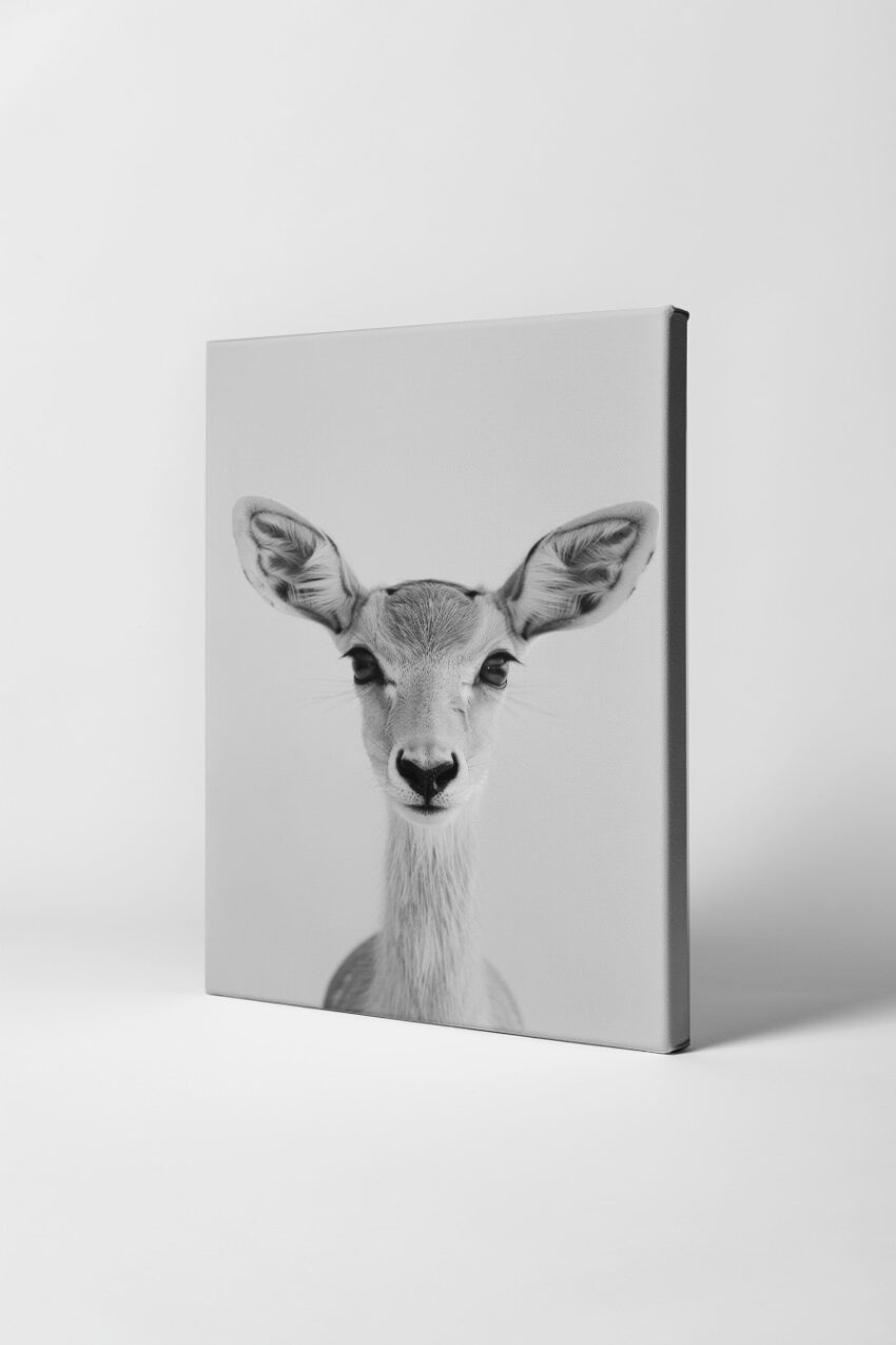 Schwarz-Weiß Kunstdruck eines Reh Porträts, detailreiches Tierportrait mit klarem Fokus auf das Gesicht in minimalistischem Stil