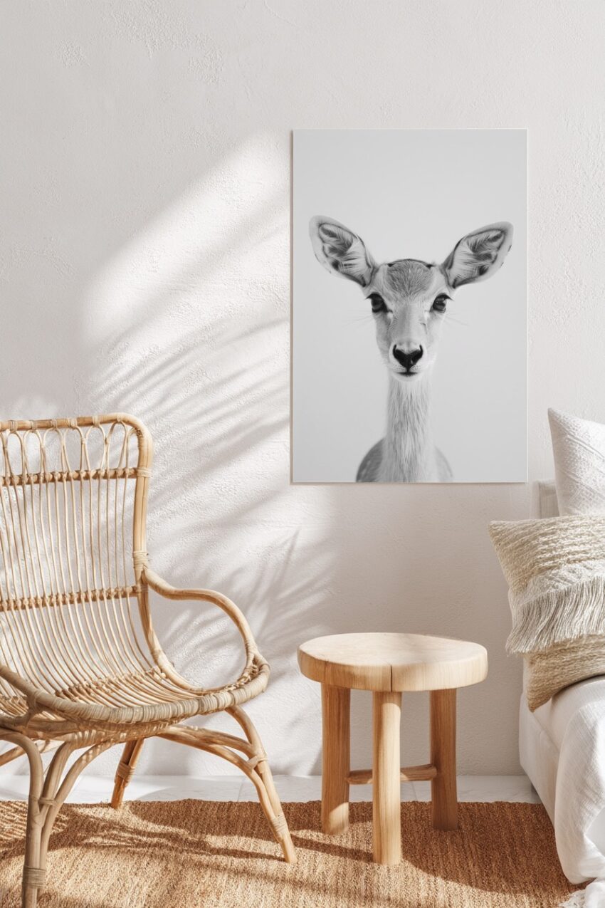 Schwarz-Weiß Kunstdruck eines Reh Porträts, detailreiches Tierportrait mit klarem Fokus auf das Gesicht in minimalistischem Stil