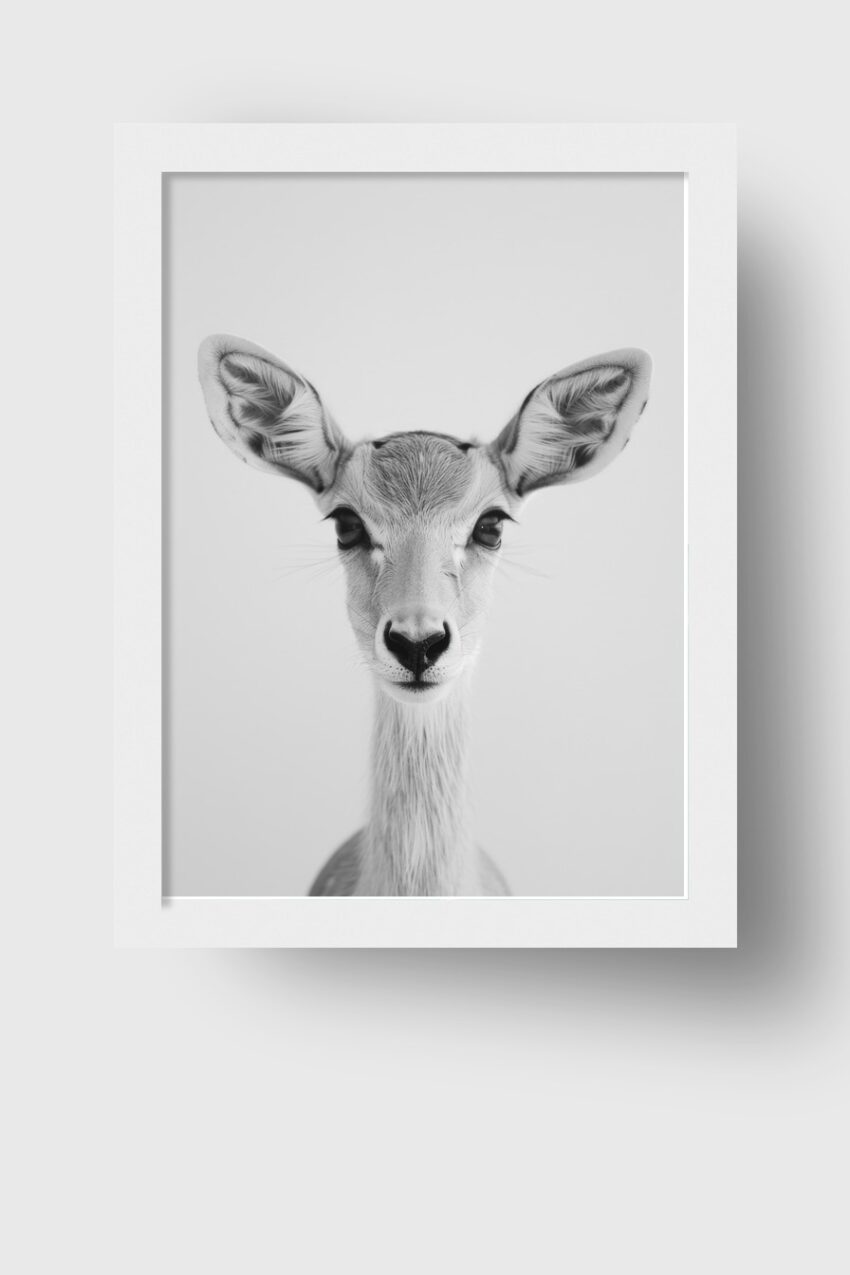 Schwarz-Weiß Kunstdruck eines Reh Porträts, detailreiches Tierportrait mit klarem Fokus auf das Gesicht in minimalistischem Stil