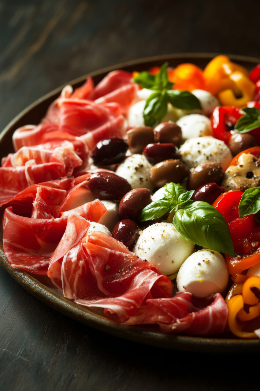 Poster mit mediterraner Antipasti Platte aus Mozzarella, Oliven, Prosciutto und frischen Kräutern, lebendige Farben, naturgetreuer Küchenkunstdruck