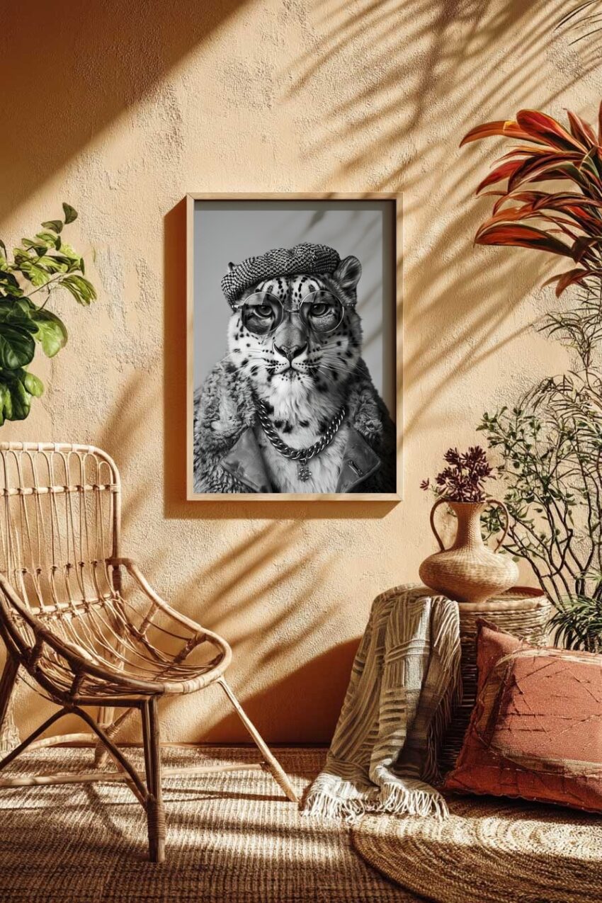 Schwarz-Weiß Poster mit Leopard im Porträt, der eine Brille und Mütze trägt, modischer Tierportrait Kunstdruck