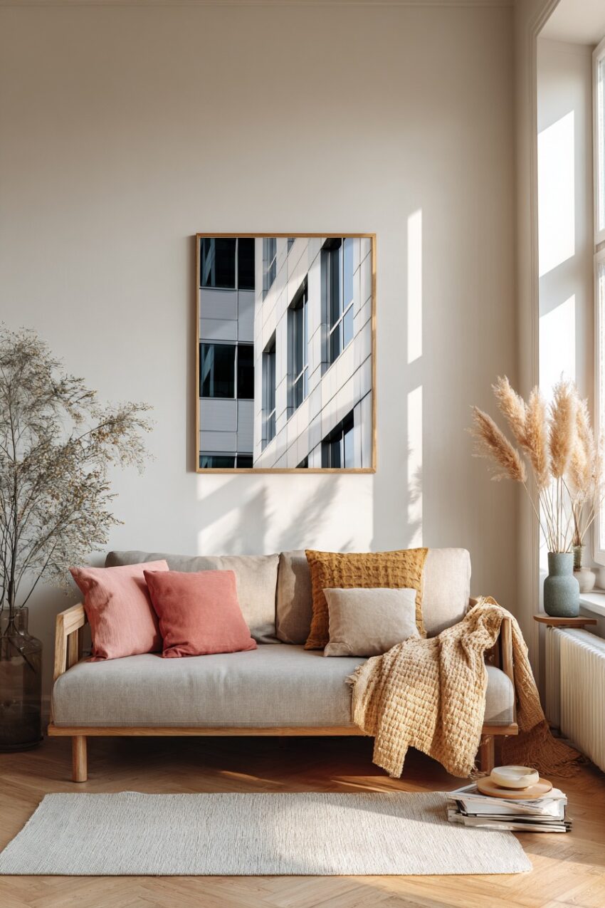 Poster einer modernen Glasfassade mit geometrischen Fenstern und klaren Linien, architektonischer Kunstdruck in Weiß- und Grautönen